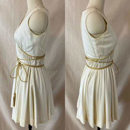 Vintage 1960's Grecian Style Mini Dress | Buttercream Polyester with Gold Fringed Tassels | Size 33 Bust, XS | Sandine Originals - Daggers & Dames