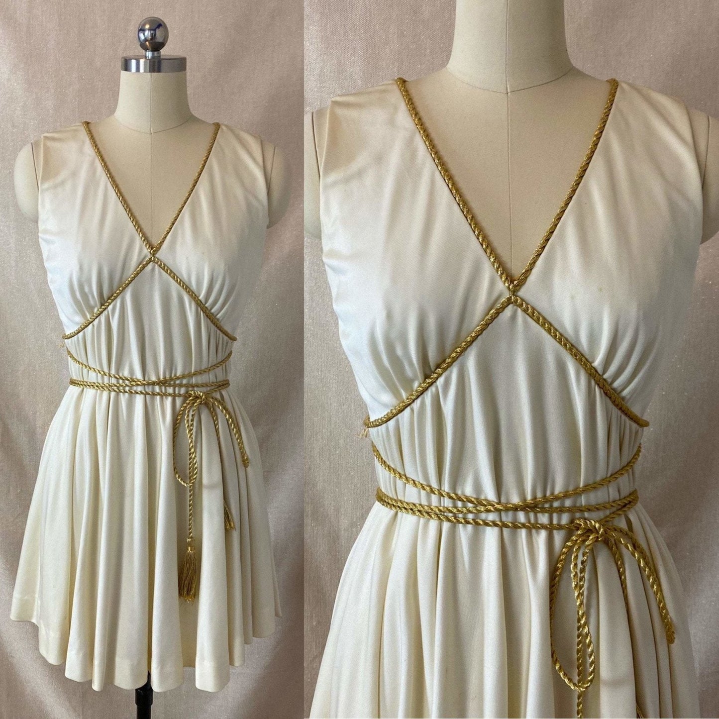 Vintage 1960's Grecian Style Mini Dress | Buttercream Polyester with Gold Fringed Tassels | Size 33 Bust, XS | Sandine Originals - Daggers & Dames
