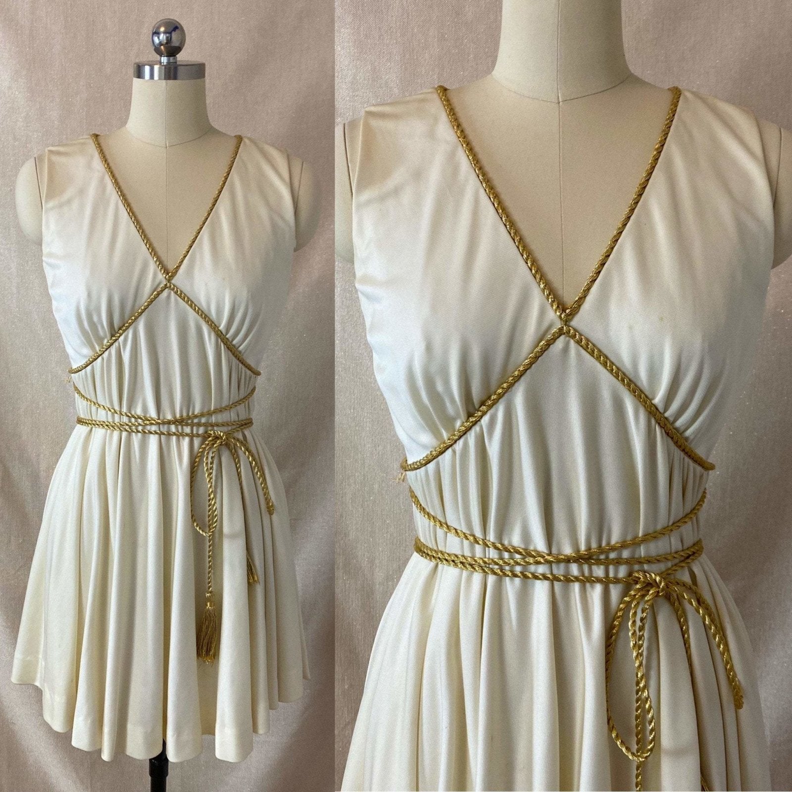 Vintage 1960's Grecian Style Mini Dress | Buttercream Polyester with Gold Fringed Tassels | Size 33 Bust, XS | Sandine Originals - Daggers & Dames