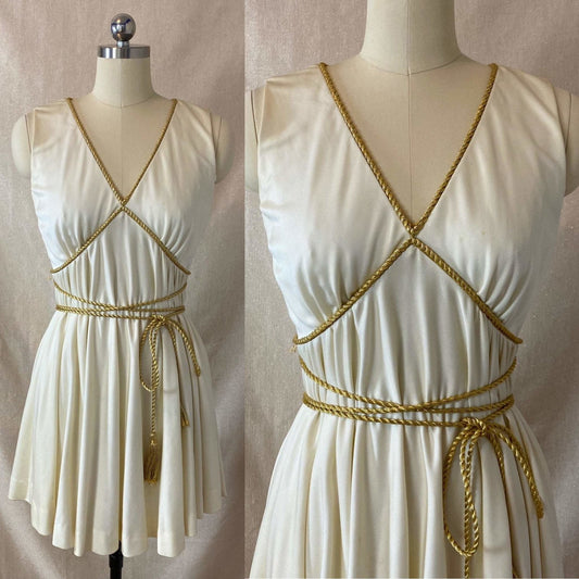 Vintage 1960's Grecian Style Mini Dress | Buttercream Polyester with Gold Fringed Tassels | Size 33 Bust, XS | Sandine Originals - Daggers & Dames