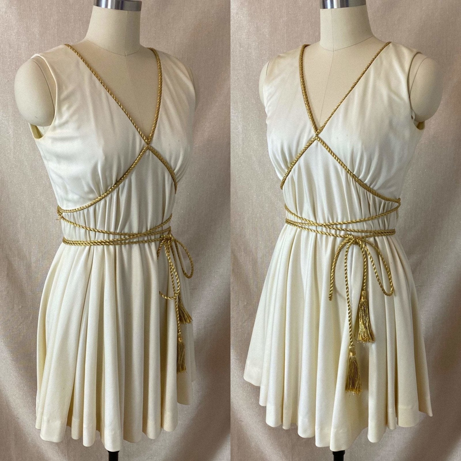 Vintage 1960's Grecian Style Mini Dress | Buttercream Polyester with Gold Fringed Tassels | Size 33 Bust, XS | Sandine Originals - Daggers & Dames