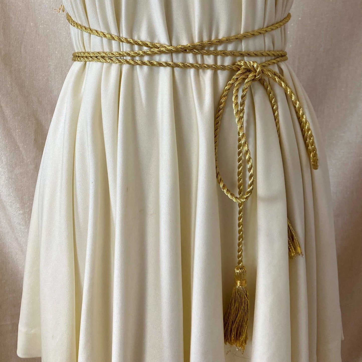 Vintage 1960's Grecian Style Mini Dress | Buttercream Polyester with Gold Fringed Tassels | Size 33 Bust, XS | Sandine Originals - Daggers & Dames
