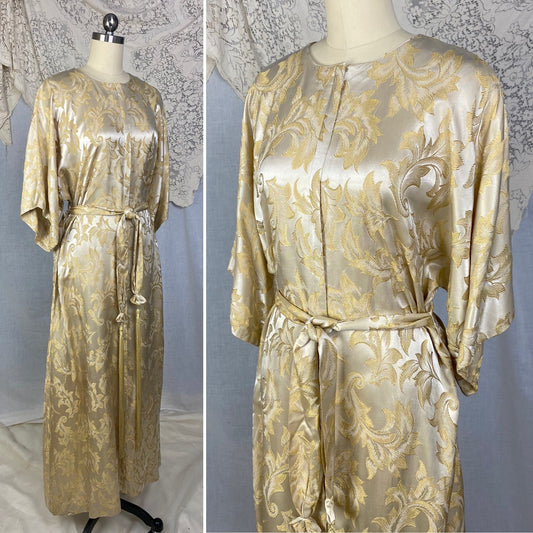 Vintage 1960's Hostess Dress | Champagne Rayon Satin Damask with Fringe Sash Tie | Size S, M, LG | Peer - Daggers & Dames