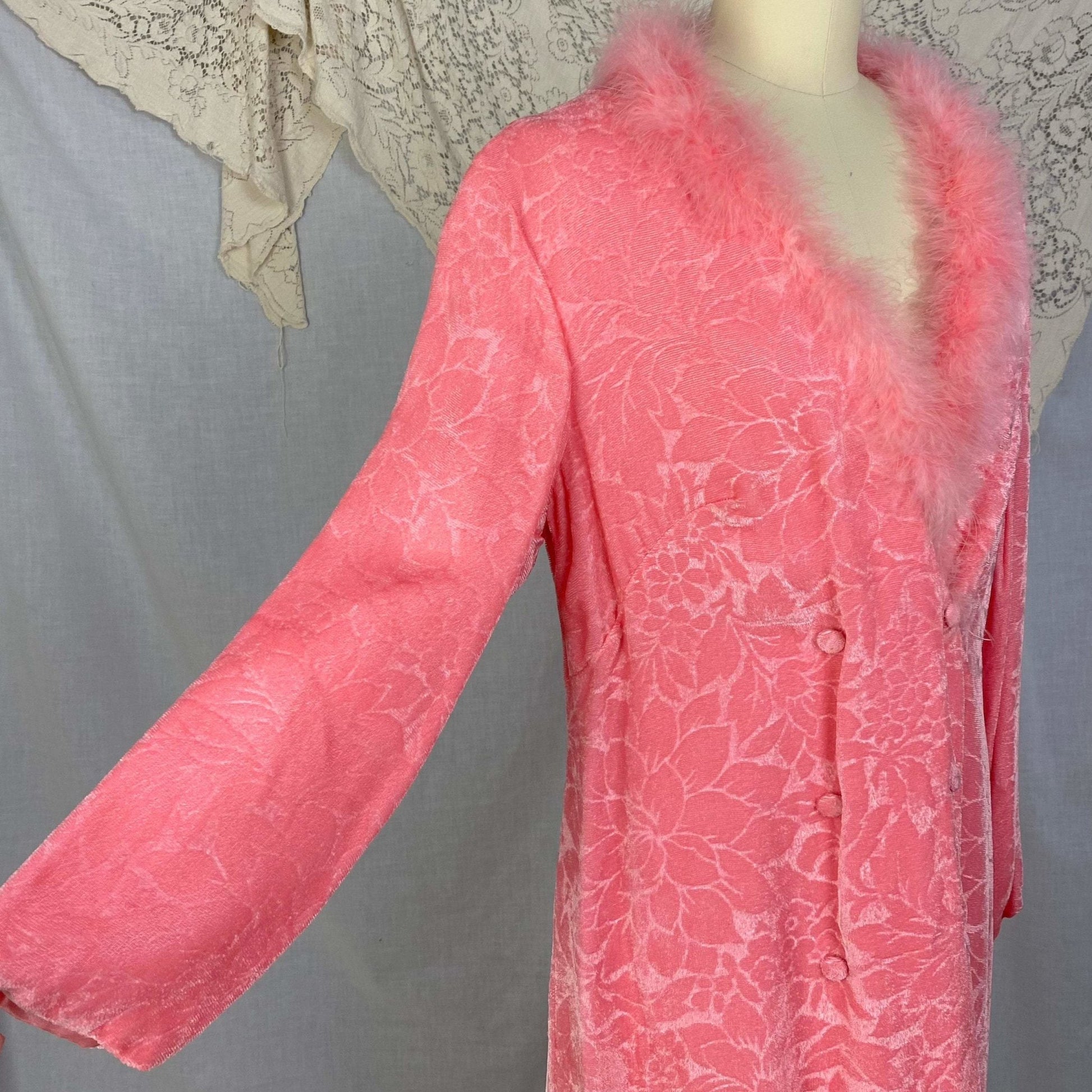 Vintage 1960's House Coat | Bright Bubblegum Pink Floral Embossed Velvet with Marabou Trim | Size M | Patrizia - Daggers & Dames