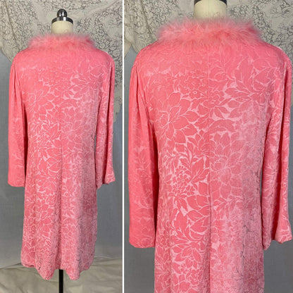 Vintage 1960's House Coat | Bright Bubblegum Pink Floral Embossed Velvet with Marabou Trim | Size M | Patrizia - Daggers & Dames