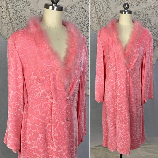 Vintage 1960's House Coat | Bright Bubblegum Pink Floral Embossed Velvet with Marabou Trim | Size M | Patrizia - Daggers & Dames