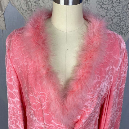 Vintage 1960's House Coat | Bright Bubblegum Pink Floral Embossed Velvet with Marabou Trim | Size M | Patrizia - Daggers & Dames