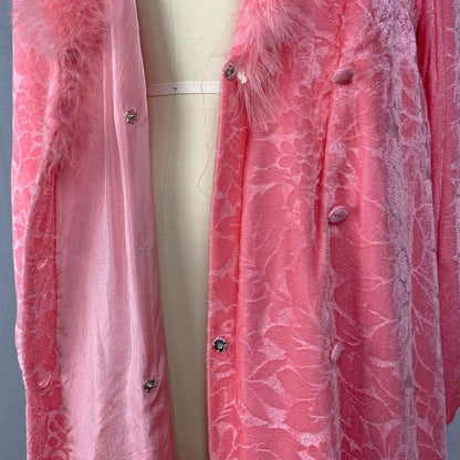 Vintage 1960's House Coat | Bright Bubblegum Pink Floral Embossed Velvet with Marabou Trim | Size M | Patrizia - Daggers & Dames