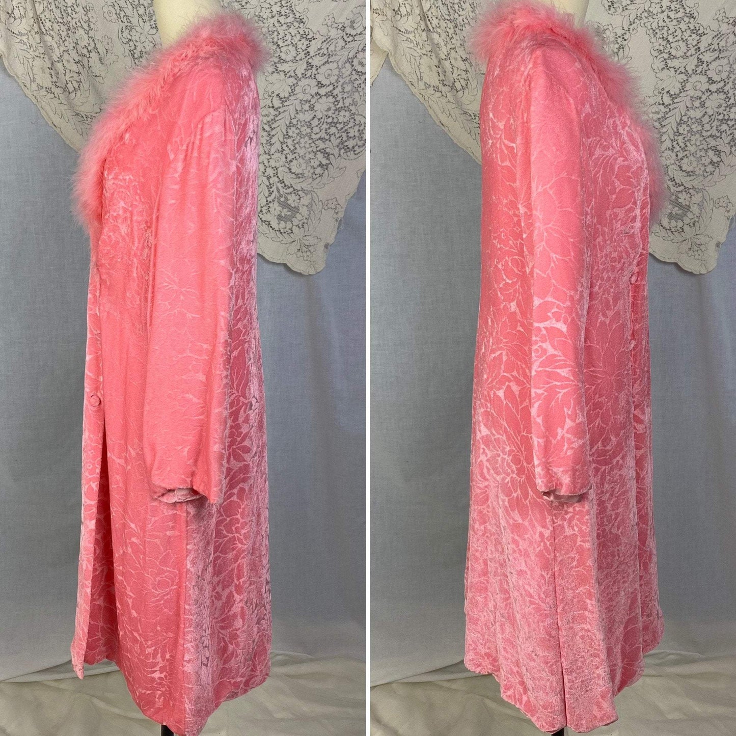 Vintage 1960's House Coat | Bright Bubblegum Pink Floral Embossed Velvet with Marabou Trim | Size M | Patrizia - Daggers & Dames