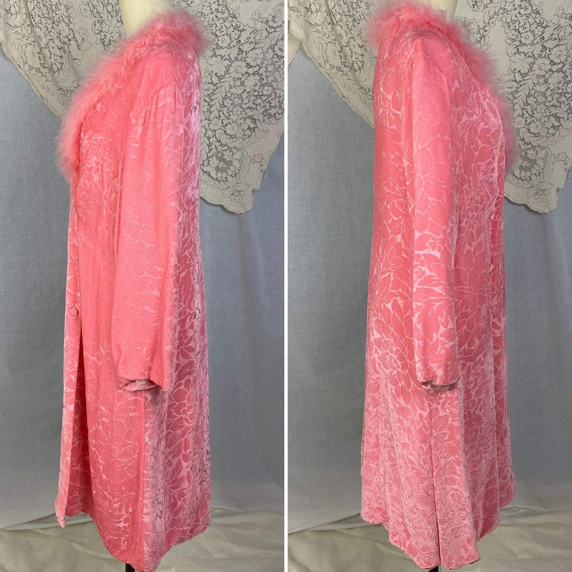 Vintage 1960's House Coat | Bright Bubblegum Pink Floral Embossed Velvet with Marabou Trim | Size M | Patrizia - Daggers & Dames