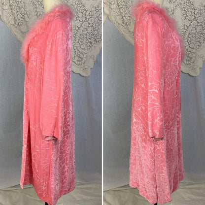 Vintage 1960's House Coat | Bright Bubblegum Pink Floral Embossed Velvet with Marabou Trim | Size M | Patrizia - Daggers & Dames