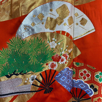 Vintage 1960's Japanese Uchikake Wedding Kimono | Bright Red Silk with Floral & Ougi Fan Embroidery - Daggers & Dames