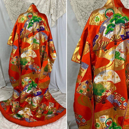 Vintage 1960's Japanese Uchikake Wedding Kimono | Bright Red Silk with Floral & Ougi Fan Embroidery - Daggers & Dames