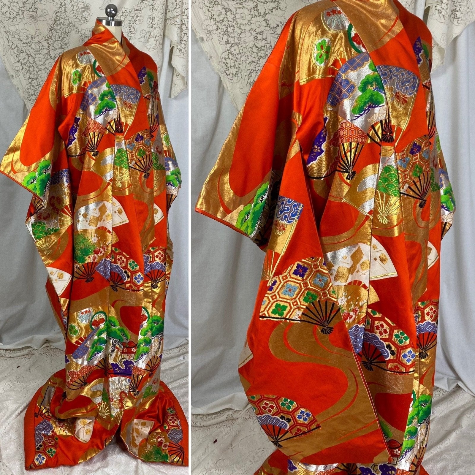 Vintage 1960's Japanese Uchikake Wedding Kimono | Bright Red Silk with Floral & Ougi Fan Embroidery - Daggers & Dames