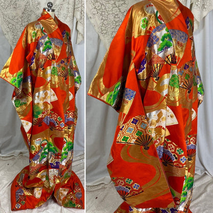 Vintage 1960's Japanese Uchikake Wedding Kimono | Bright Red Silk with Floral & Ougi Fan Embroidery - Daggers & Dames