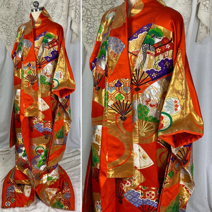 Vintage 1960's Japanese Uchikake Wedding Kimono | Bright Red Silk with Floral & Ougi Fan Embroidery - Daggers & Dames