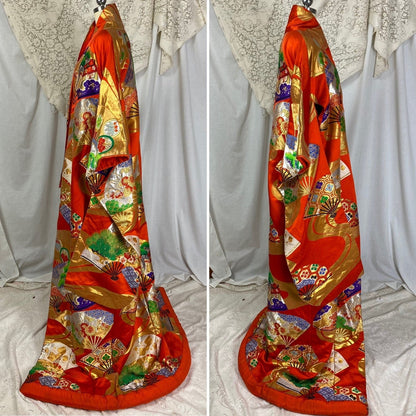 Vintage 1960's Japanese Uchikake Wedding Kimono | Bright Red Silk with Floral & Ougi Fan Embroidery - Daggers & Dames