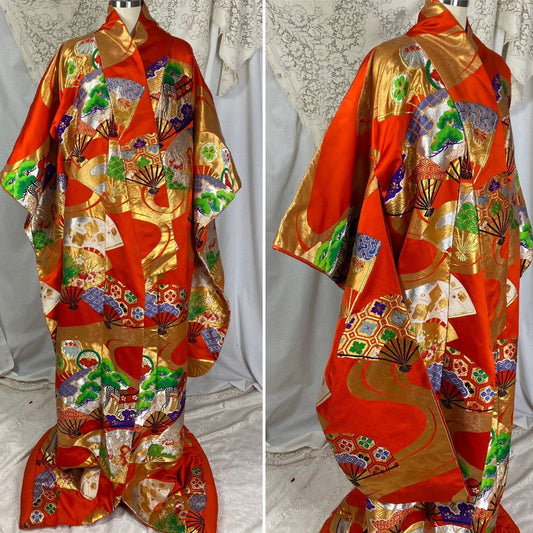Vintage 1960's Japanese Uchikake Wedding Kimono | Bright Red Silk with Floral & Ougi Fan Embroidery - Daggers & Dames