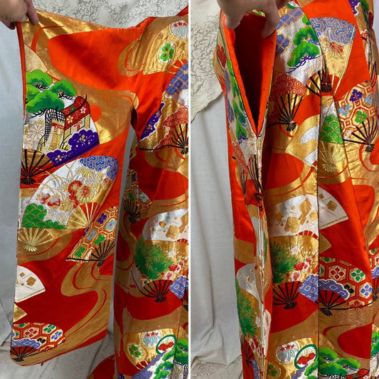 Vintage 1960's Japanese Uchikake Wedding Kimono | Bright Red Silk with Floral & Ougi Fan Embroidery - Daggers & Dames
