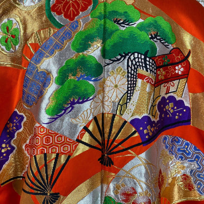 Vintage 1960's Japanese Uchikake Wedding Kimono | Bright Red Silk with Floral & Ougi Fan Embroidery - Daggers & Dames
