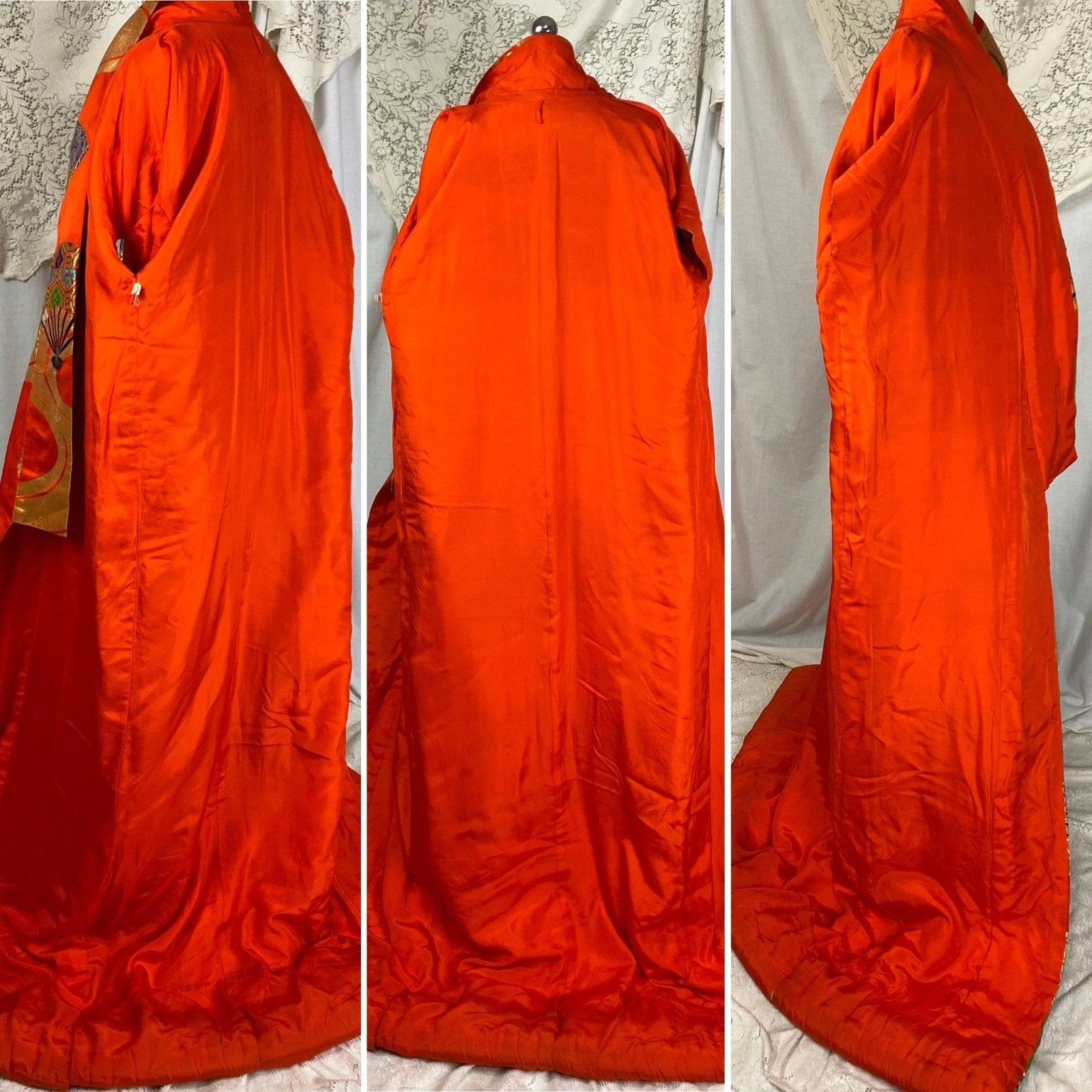 Vintage 1960's Japanese Uchikake Wedding Kimono | Bright Red Silk with Floral & Ougi Fan Embroidery - Daggers & Dames