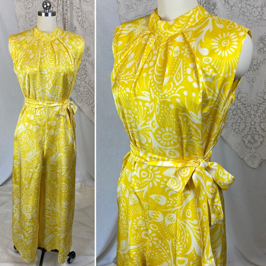Vintage 1960's Jumpsuit | Lemon Yellow Nylon Satin with White Tribal Print | Size XS, S | Ema - Acapulco - Daggers & Dames
