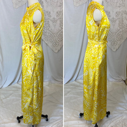 Vintage 1960's Jumpsuit | Lemon Yellow Nylon Satin with White Tribal Print | Size XS, S | Ema - Acapulco - Daggers & Dames