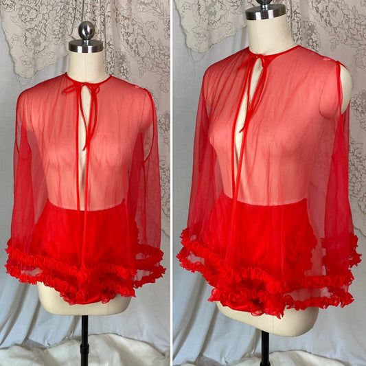 Vintage 1960's Lingerie Set | Sheer Red Nylon Chiffon with Ruffles | Size S, M - Daggers & Dames
