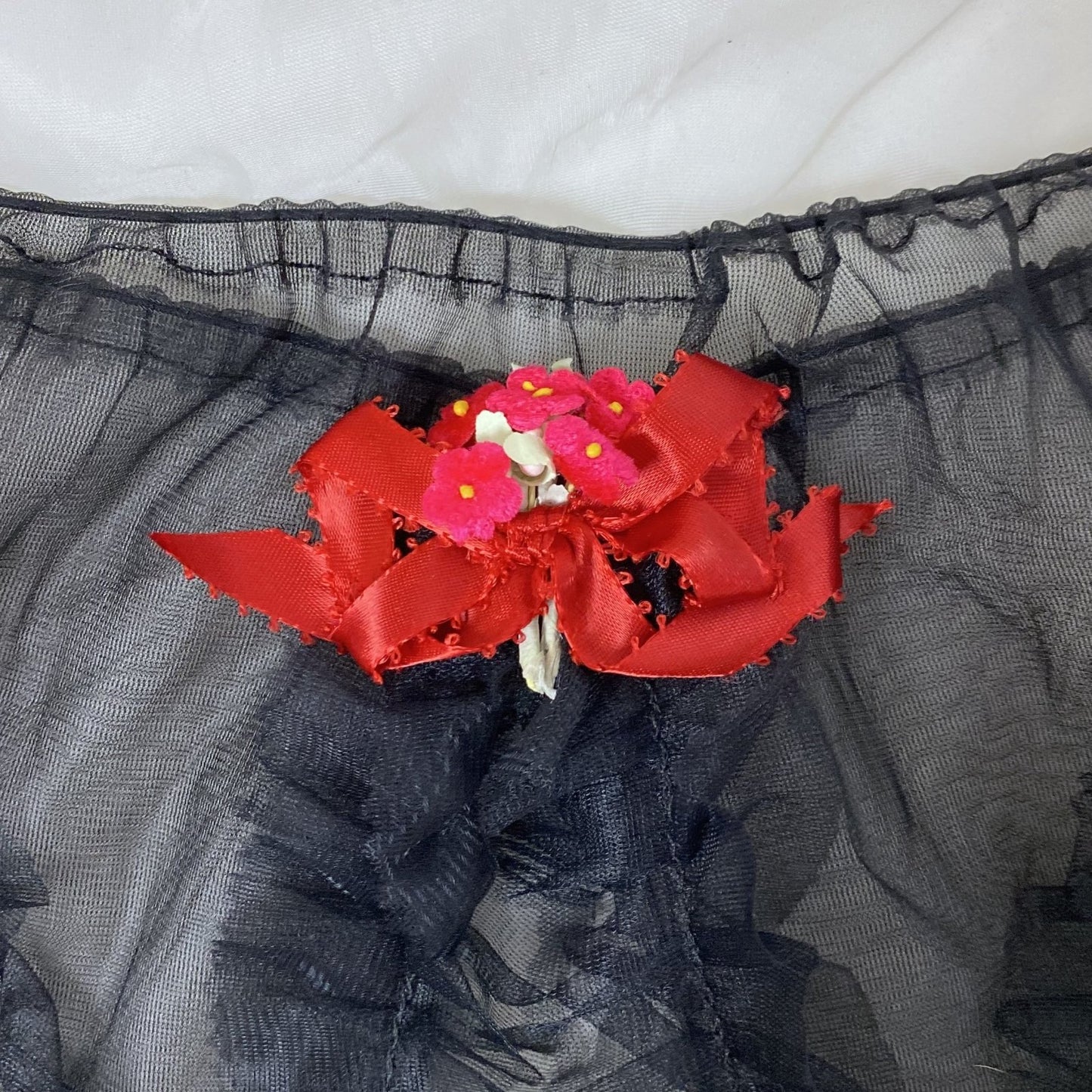 Vintage 1960's Lingerie Set | Sheer Ruffled Black Nylon Chiffon Shelf Bra & Crotchless Panty | Size XS, S, M | Never Worn - Daggers & Dames