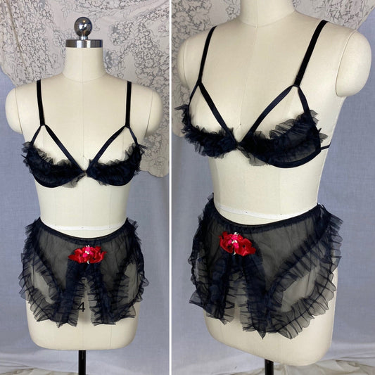 Vintage 1960's Lingerie Set | Sheer Ruffled Black Nylon Chiffon Shelf Bra & Crotchless Panty | Size XS, S, M | Never Worn - Daggers & Dames