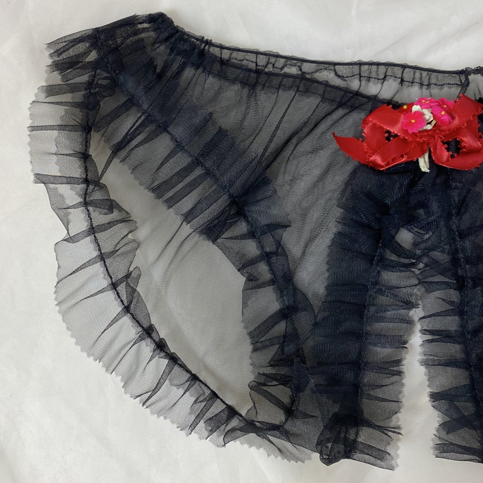 Vintage 1960's Lingerie Set | Sheer Ruffled Black Nylon Chiffon Shelf Bra & Crotchless Panty | Size XS, S, M | Never Worn - Daggers & Dames
