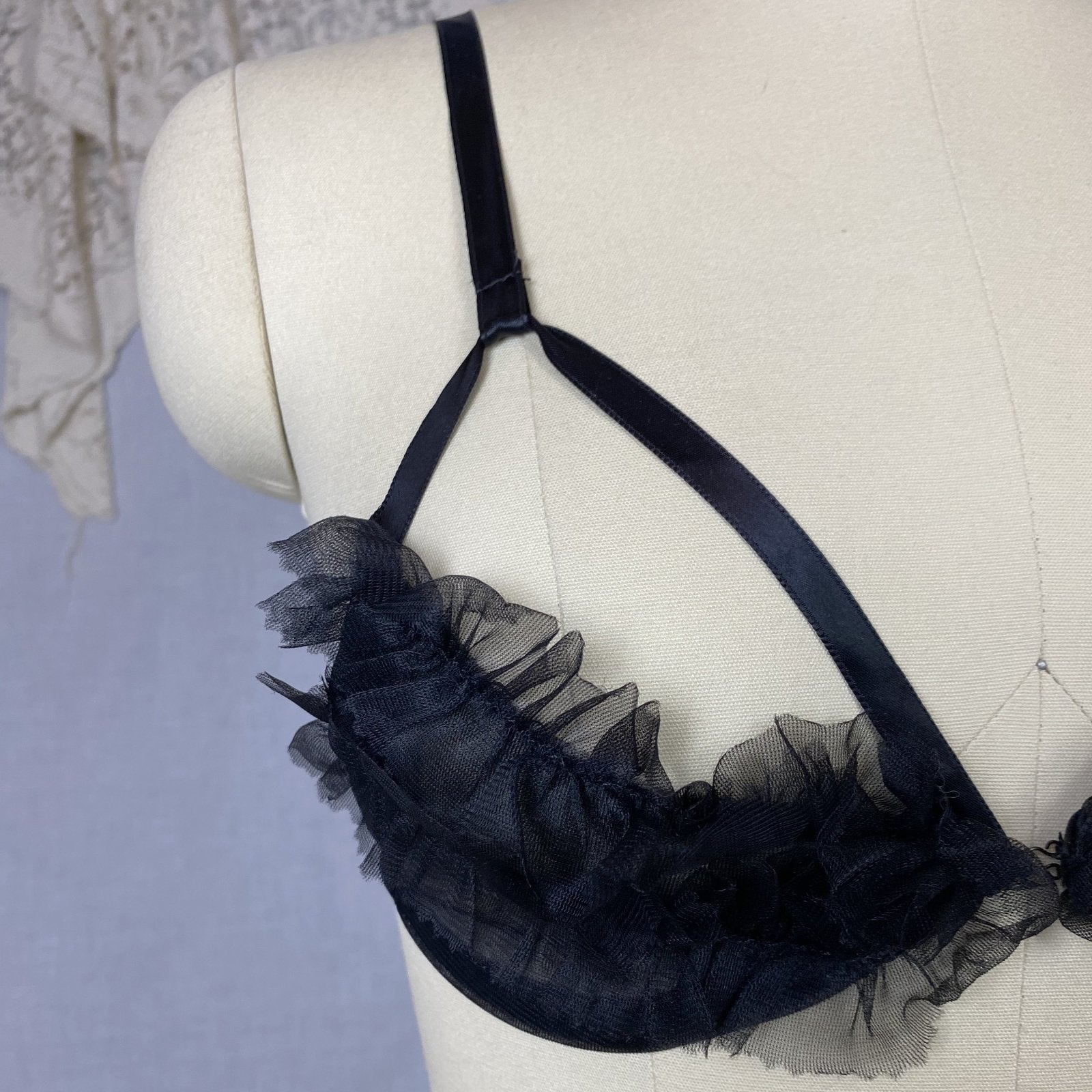Vintage 1960's Lingerie Set | Sheer Ruffled Black Nylon Chiffon Shelf Bra & Crotchless Panty | Size XS, S, M | Never Worn - Daggers & Dames