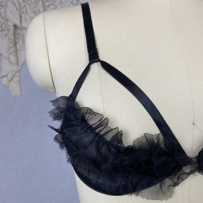 Vintage 1960's Lingerie Set | Sheer Ruffled Black Nylon Chiffon Shelf Bra & Crotchless Panty | Size XS, S, M | Never Worn - Daggers & Dames