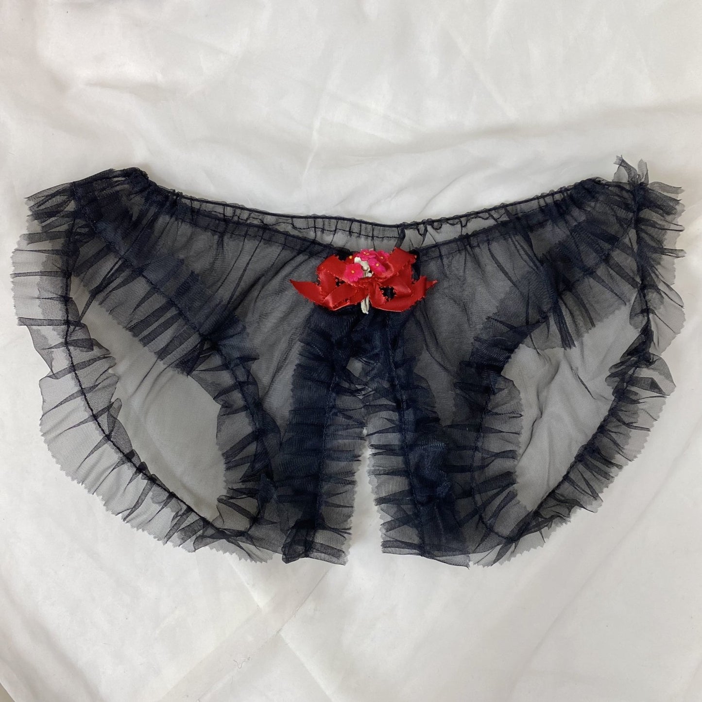 Vintage 1960's Lingerie Set | Sheer Ruffled Black Nylon Chiffon Shelf Bra & Crotchless Panty | Size XS, S, M | Never Worn - Daggers & Dames