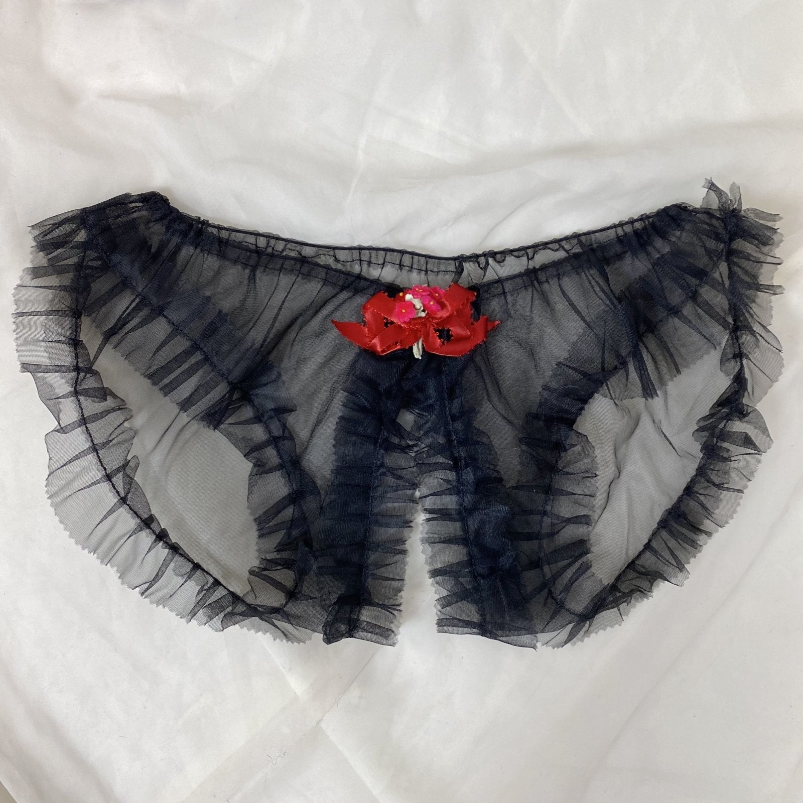 Vintage 1960's Lingerie Set | Sheer Ruffled Black Nylon Chiffon Shelf Bra & Crotchless Panty | Size XS, S, M | Never Worn - Daggers & Dames