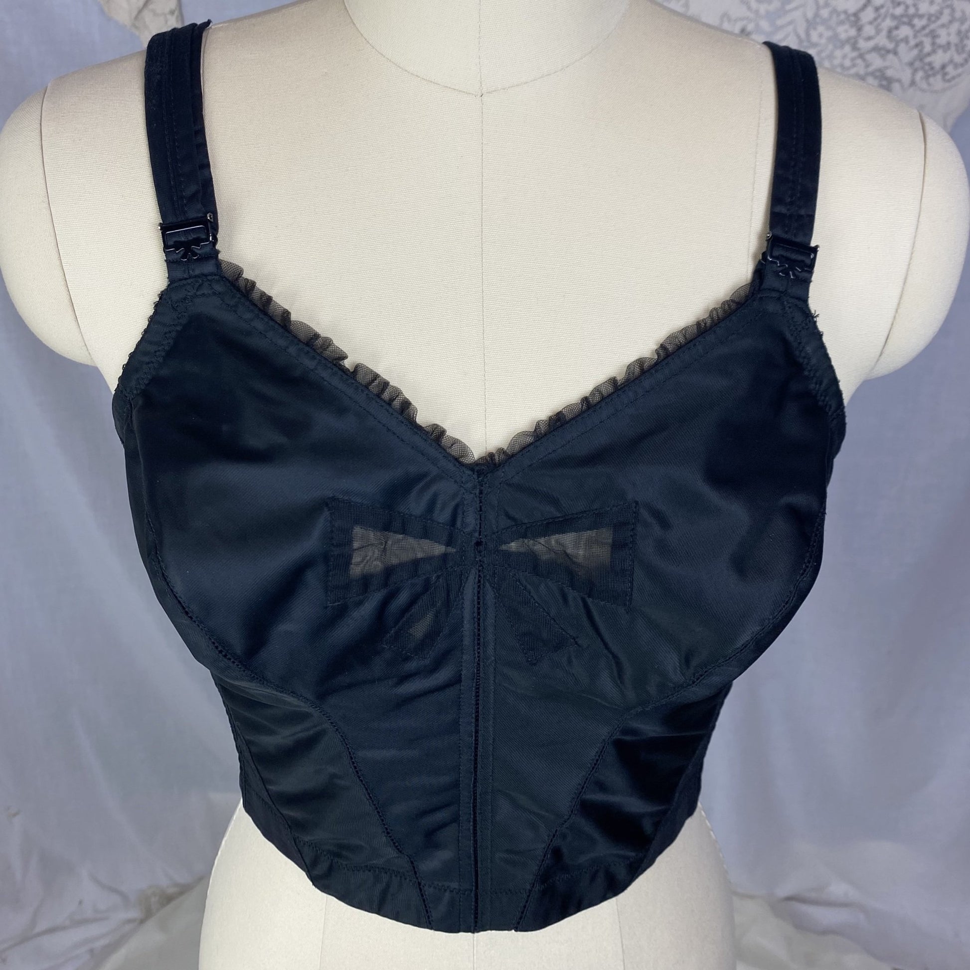 Vintage 1960's Longline Bra | Black Acetate Satin with Chiffon Bow Insert & Darted Bullet Cups | Size 36 C | Bali - Daggers & Dames