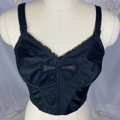 Vintage 1960's Longline Bra | Black Acetate Satin with Chiffon Bow Insert & Darted Bullet Cups | Size 36 C | Bali - Daggers & Dames