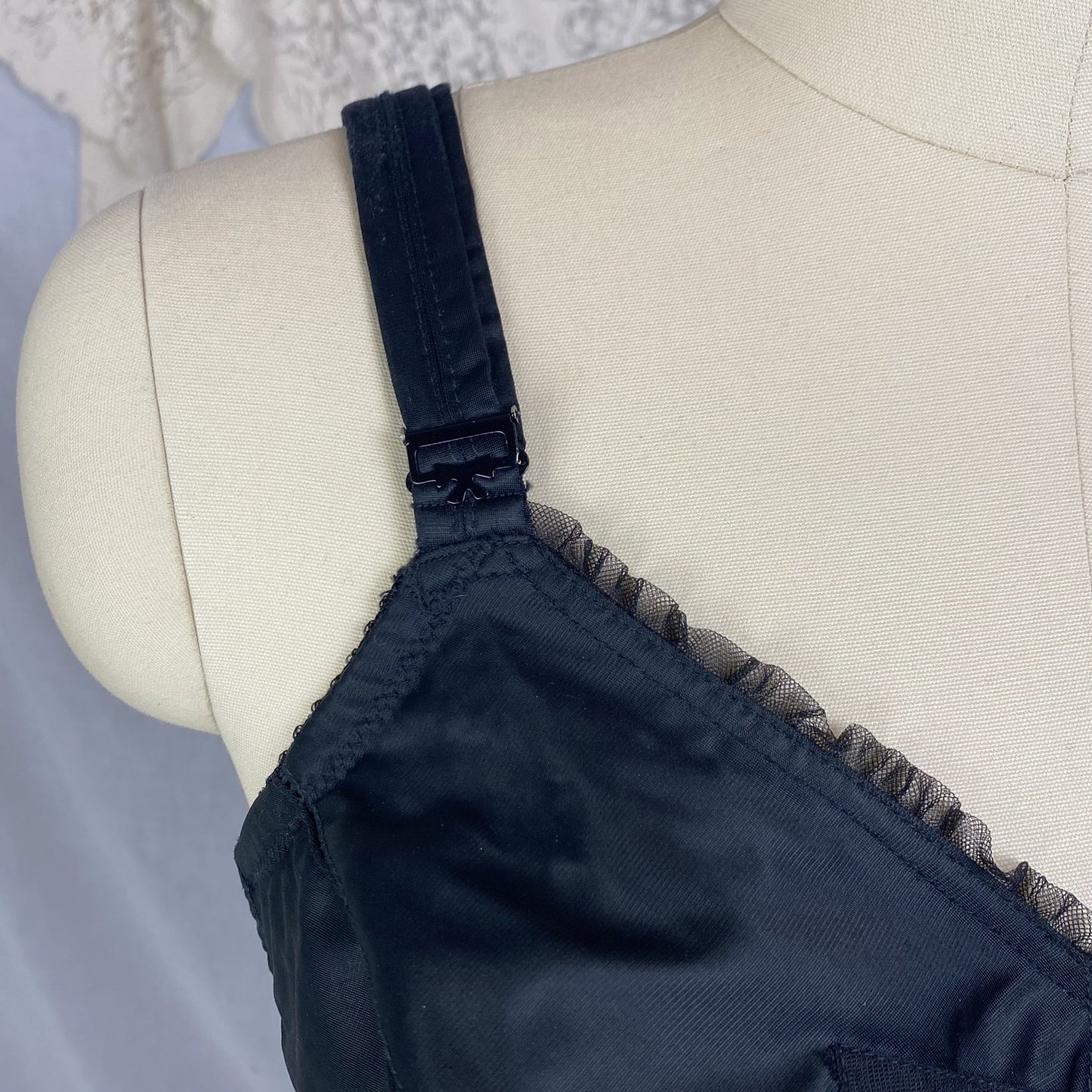 Vintage 1960's Longline Bra | Black Acetate Satin with Chiffon Bow Insert & Darted Bullet Cups | Size 36 C | Bali - Daggers & Dames