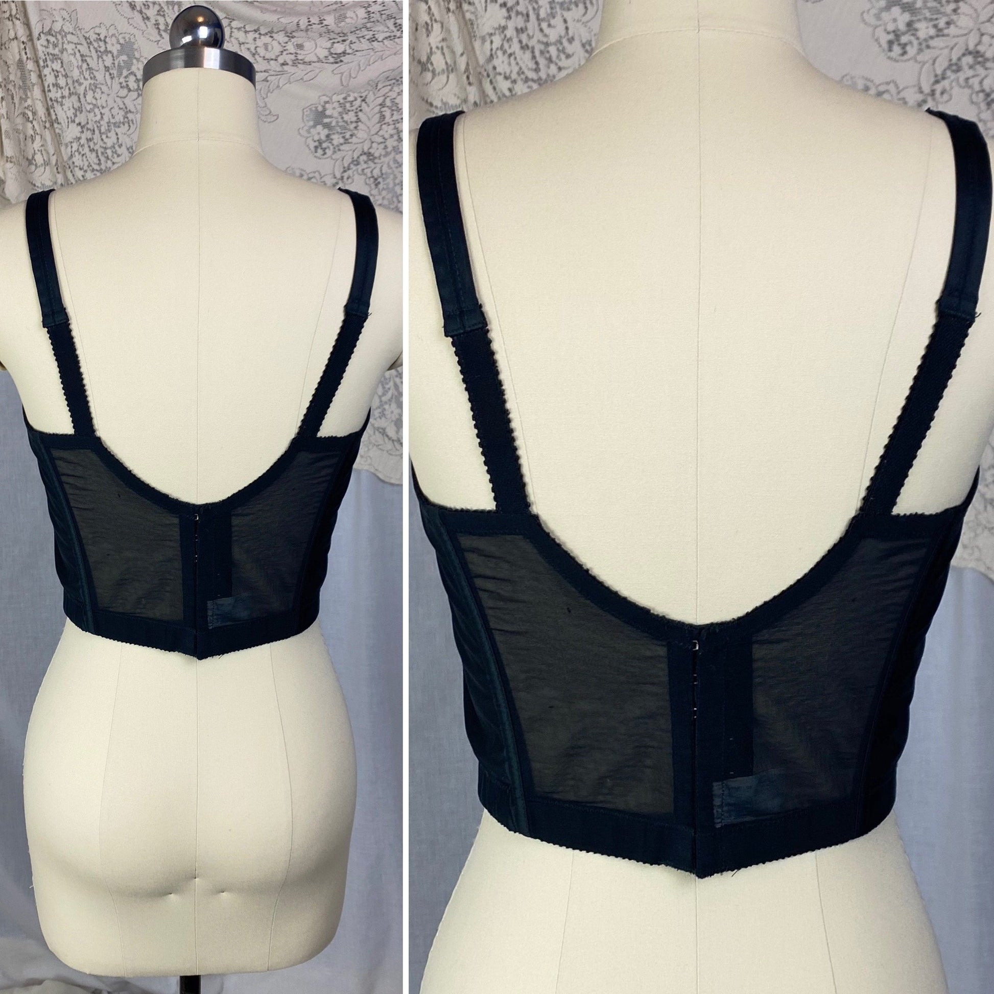 Vintage 1960's Longline Bra | Black Acetate Satin with Chiffon Bow Insert & Darted Bullet Cups | Size 36 C | Bali - Daggers & Dames