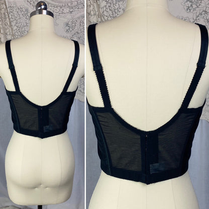 Vintage 1960's Longline Bra | Black Acetate Satin with Chiffon Bow Insert & Darted Bullet Cups | Size 36 C | Bali - Daggers & Dames