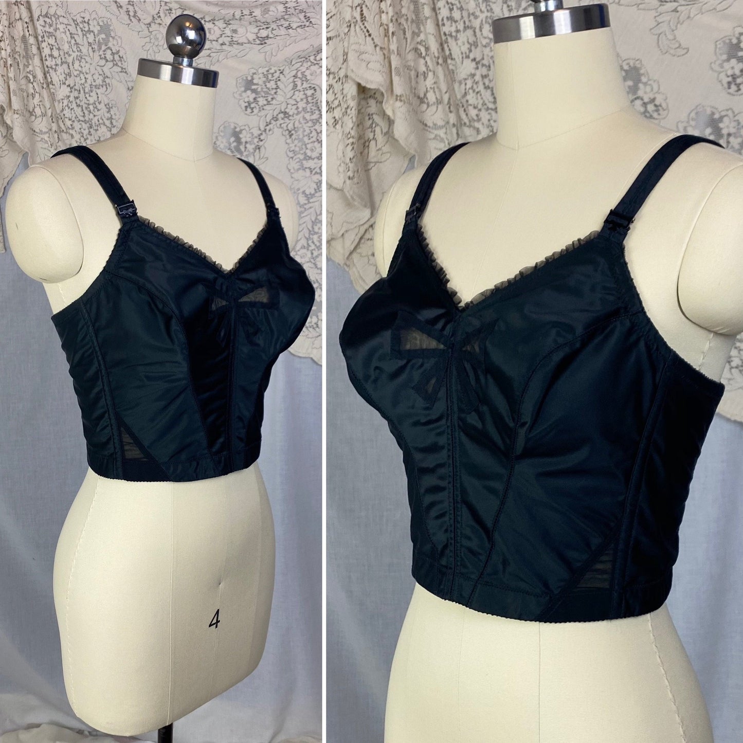 Vintage 1960's Longline Bra | Black Acetate Satin with Chiffon Bow Insert & Darted Bullet Cups | Size 36 C | Bali - Daggers & Dames