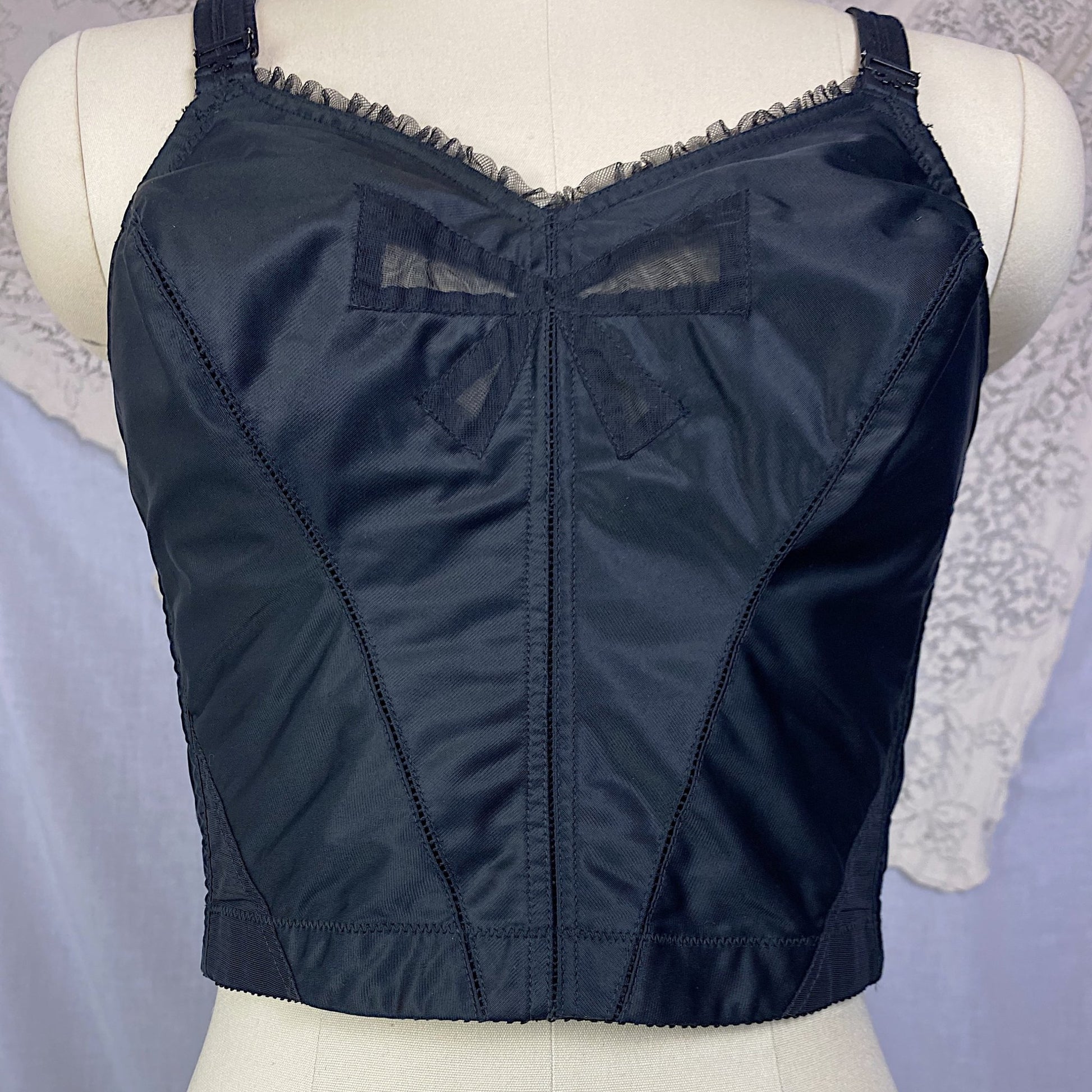 Vintage 1960's Longline Bra | Black Acetate Satin with Chiffon Bow Insert & Darted Bullet Cups | Size 36 C | Bali - Daggers & Dames