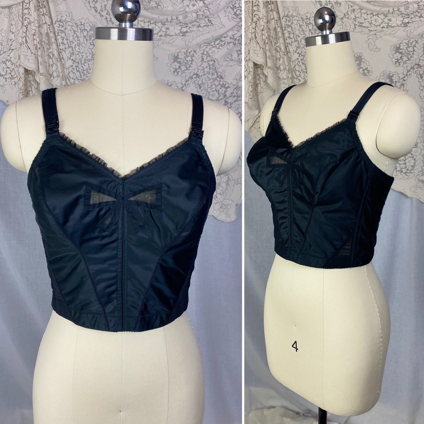 Vintage 1960's Longline Bra | Black Acetate Satin with Chiffon Bow Insert & Darted Bullet Cups | Size 36 C | Bali - Daggers & Dames