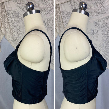 Vintage 1960's Longline Bra | Black Acetate Satin with Chiffon Bow Insert & Darted Bullet Cups | Size 36 C | Bali - Daggers & Dames
