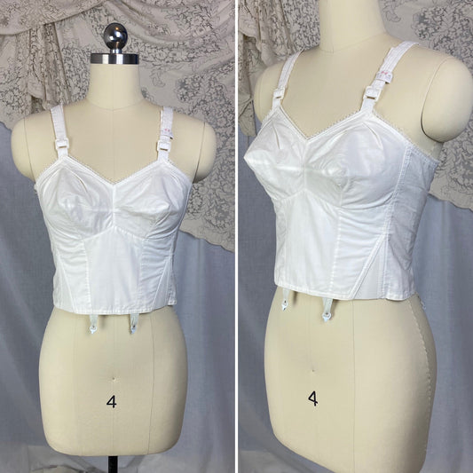 Vintage 1960's Longline Bullet Bra | Crisp White Cotton with Lace Edging & Girdle Hooks | Size 34 B | Do-All -New with Tags - Daggers & Dames
