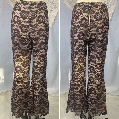 Vintage 1960's Lounge Suit | Deep Mocha Brown Floral Lace over Pale Rose Pink Acetate | Size XS, S | R/B Jrs - Daggers & Dames