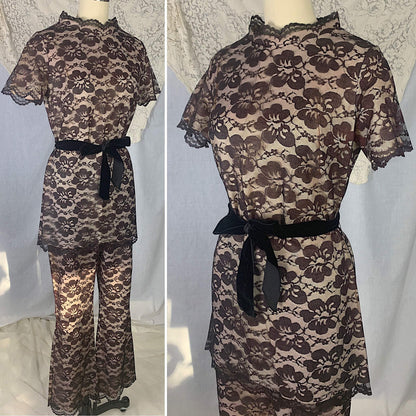 Vintage 1960's Lounge Suit | Deep Mocha Brown Floral Lace over Pale Rose Pink Acetate | Size XS, S | R/B Jrs - Daggers & Dames