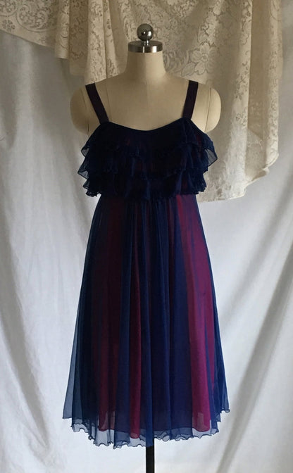 Vintage 1960's Nightgown | Blue Chiffon & Pink Nylon with Satin Straps | Pleated Ruffles | Chevette | Size M - Daggers & Dames