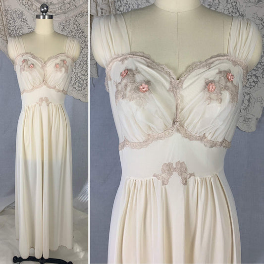 Vintage 1960's Nightgown | Buttercream Nylon with Taupe Floral Lace Applique Chiffon | Size S - Daggers & Dames