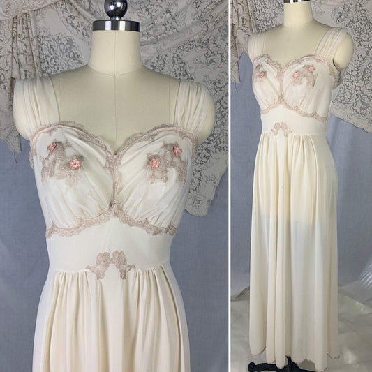Vintage 1960's Nightgown | Buttercream Nylon with Taupe Floral Lace Applique Chiffon | Size S - Daggers & Dames